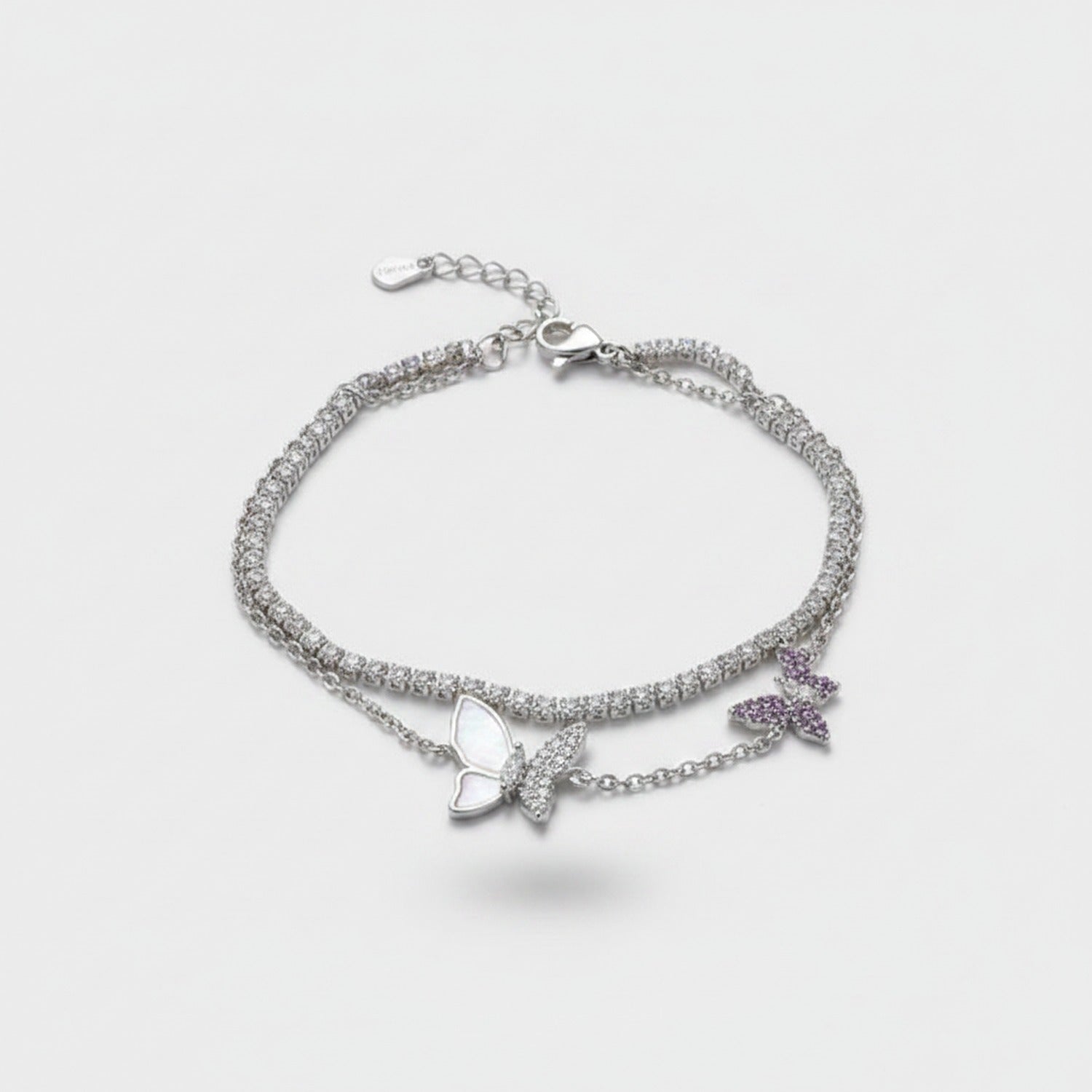 Silver Butterfly Charm Rhinestone Layered Bracelet