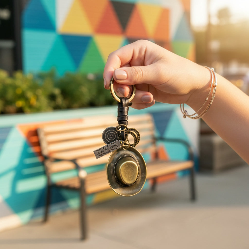 Vintage Brass Oval Charm Keyring With Black Leather Wrap