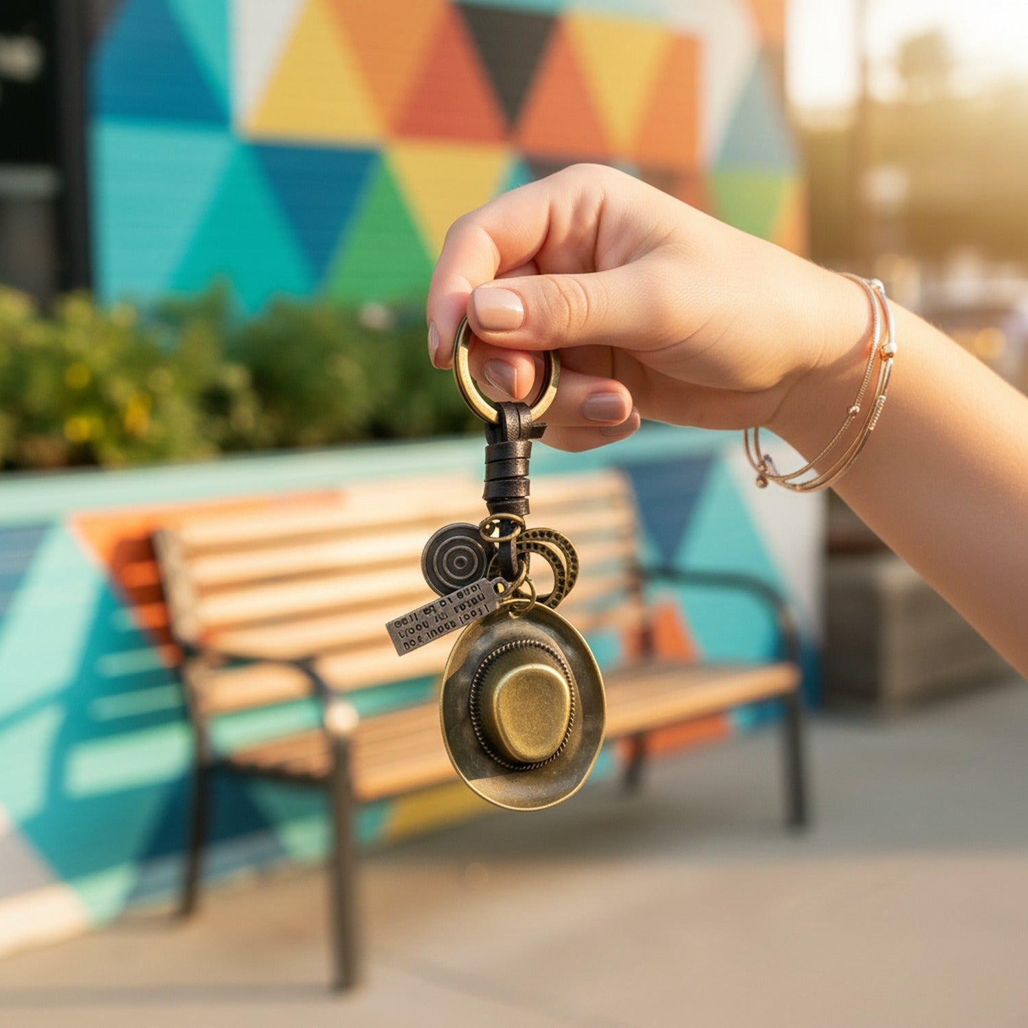 Vintage Brass Oval Charm Keyring With Black Leather Wrap