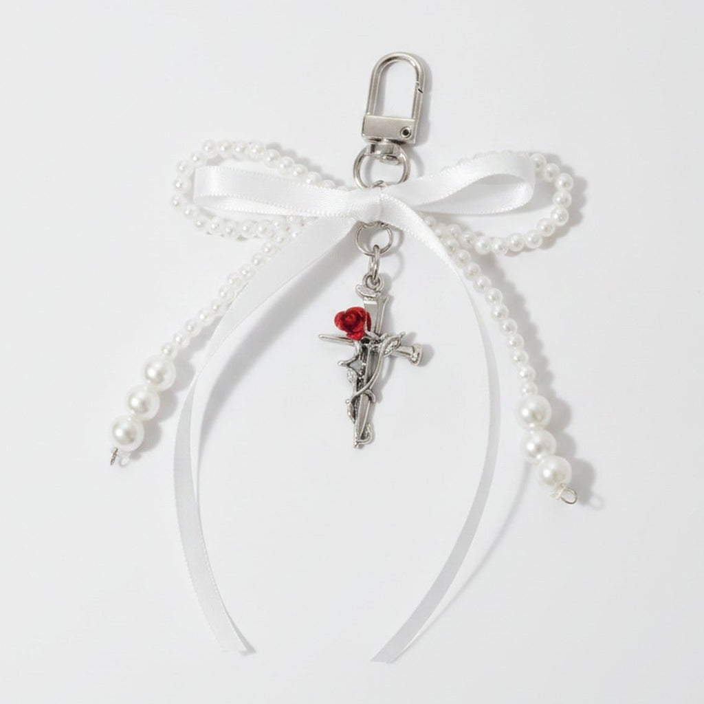 Pearl Bow Cross Keychain Charm - White 1-Pack – novelty & toys (view 1)