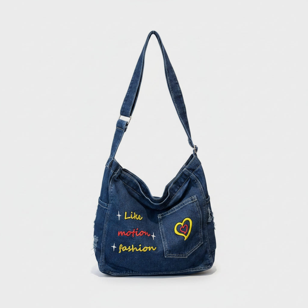 Denim Shoulder Tote with Embroidered Heart Design