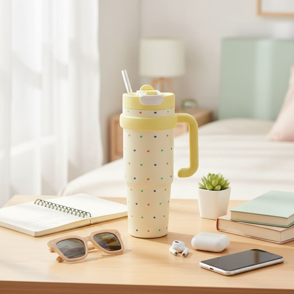 Pastel Yellow Polka Dot Travel Tumbler With Handle