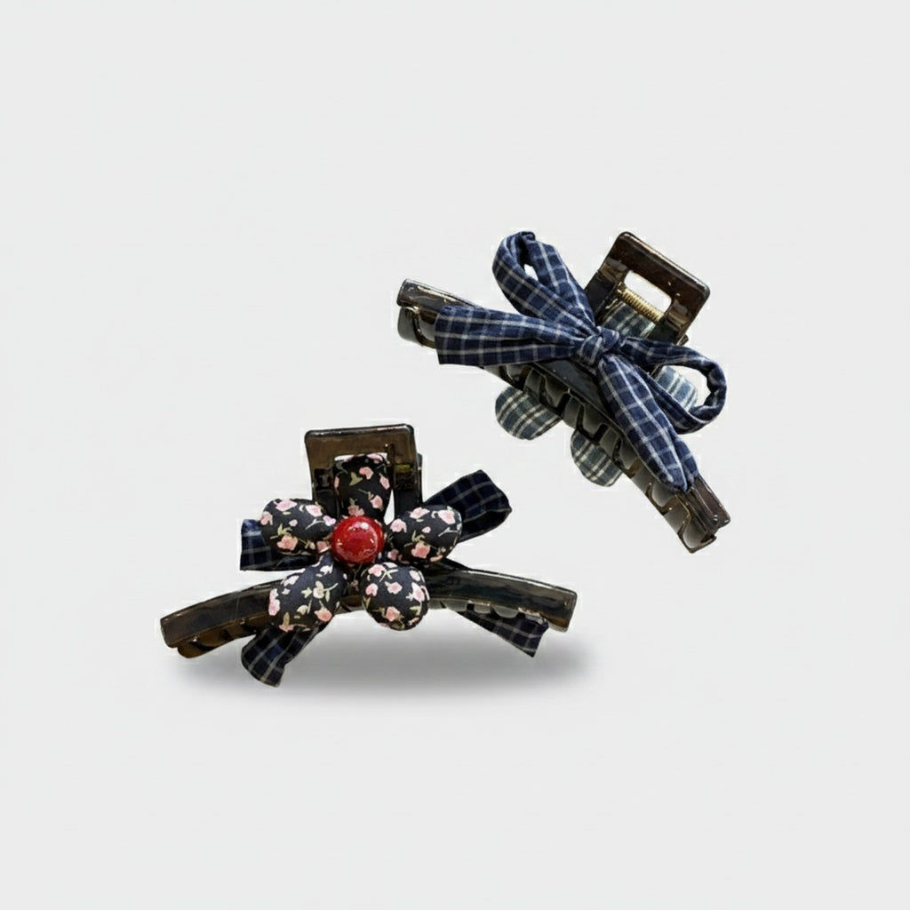 Plaid Bow Hair Claws with Floral Detail