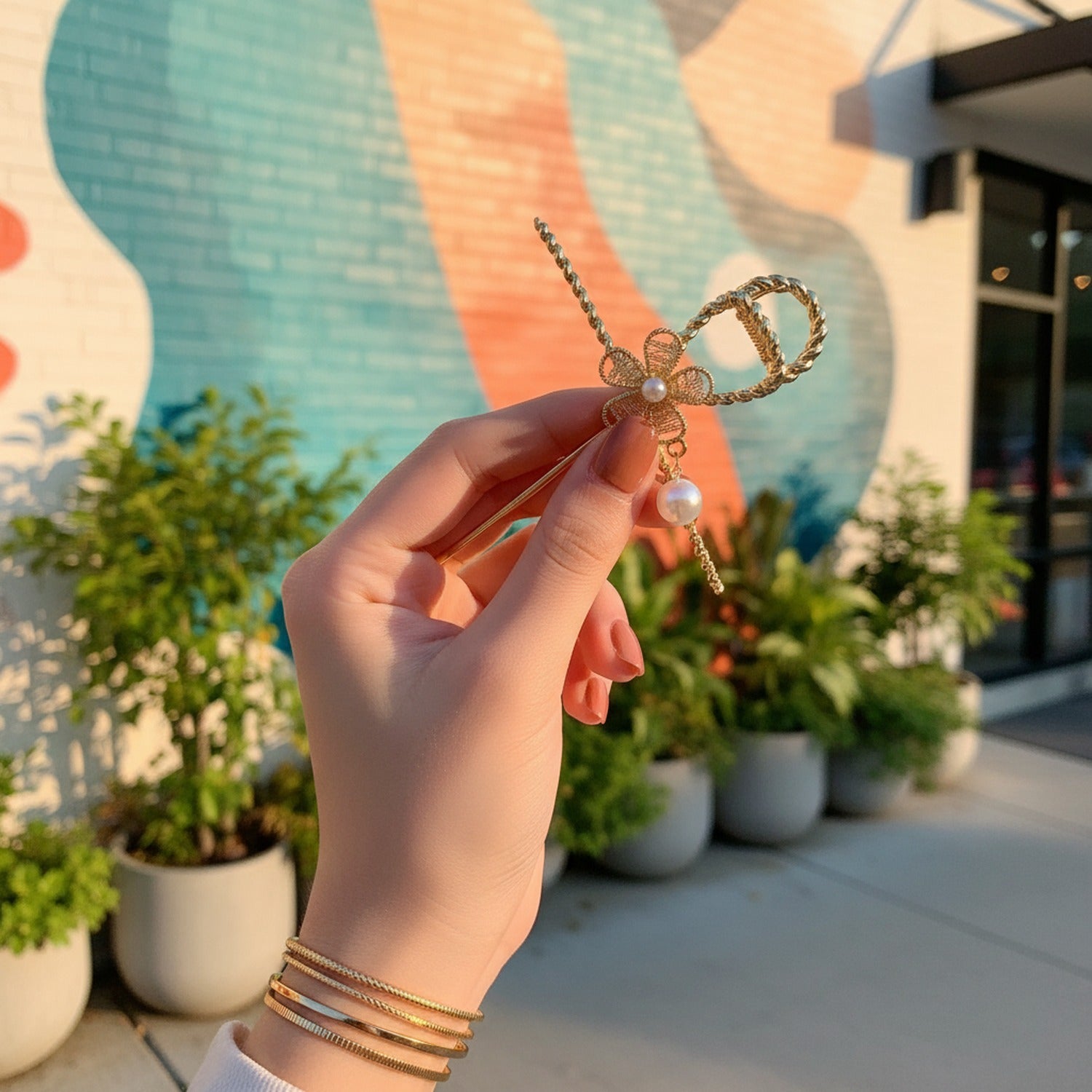 Gold Bow Pearl Hair Claw Clip