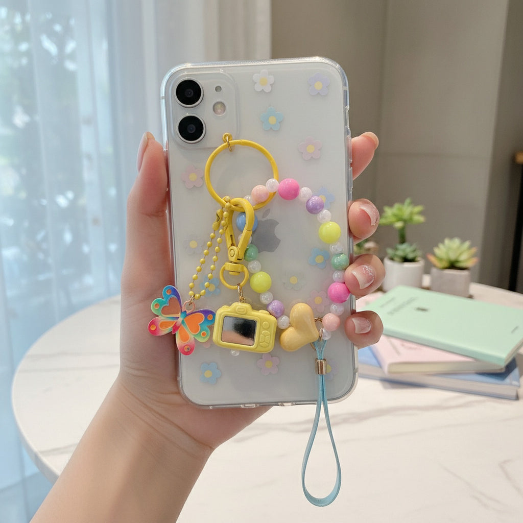Pastel Beaded Charm Keyring With Butterfly And Heart
