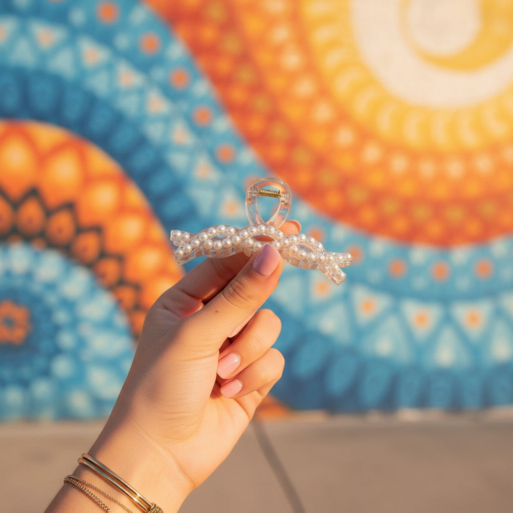 Pearl Beaded Bow Hair Claw Clip