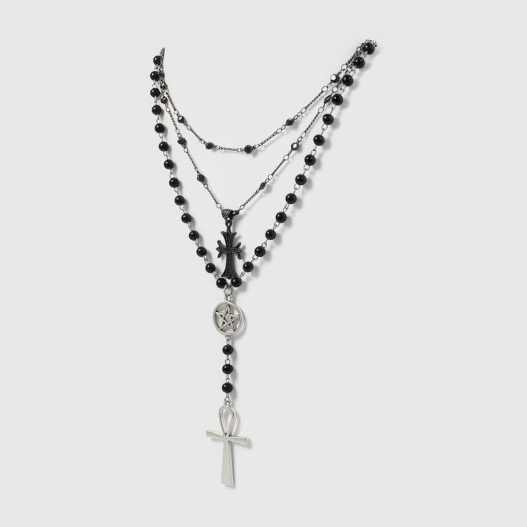Layered Cross & Beaded Charm Necklace - Silver & Black