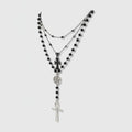 Layered Cross & Beaded Charm Necklace - Silver & Black