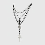 Layered Cross & Beaded Charm Necklace - Silver & Black