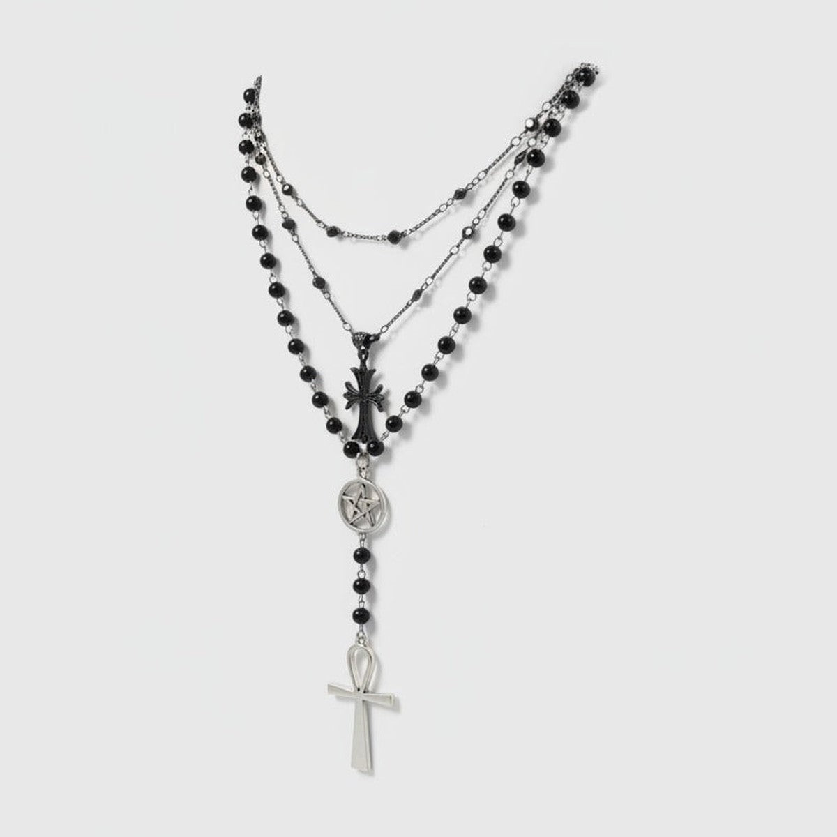 Layered Cross & Beaded Charm Necklace - Silver & Black