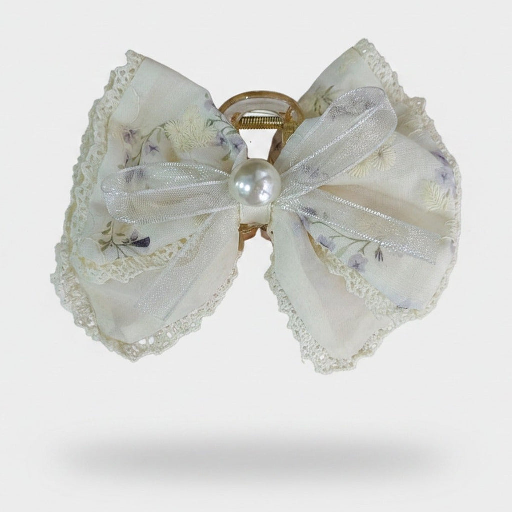 Lace Pearl Bow Hair Claw Clip Floral – hair accessories (view 1)