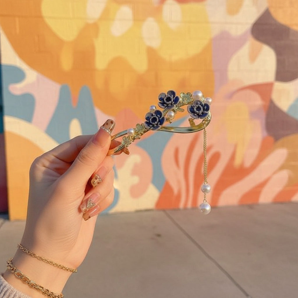 Blue Velvet Floral Hair Claw With Pearl Chain