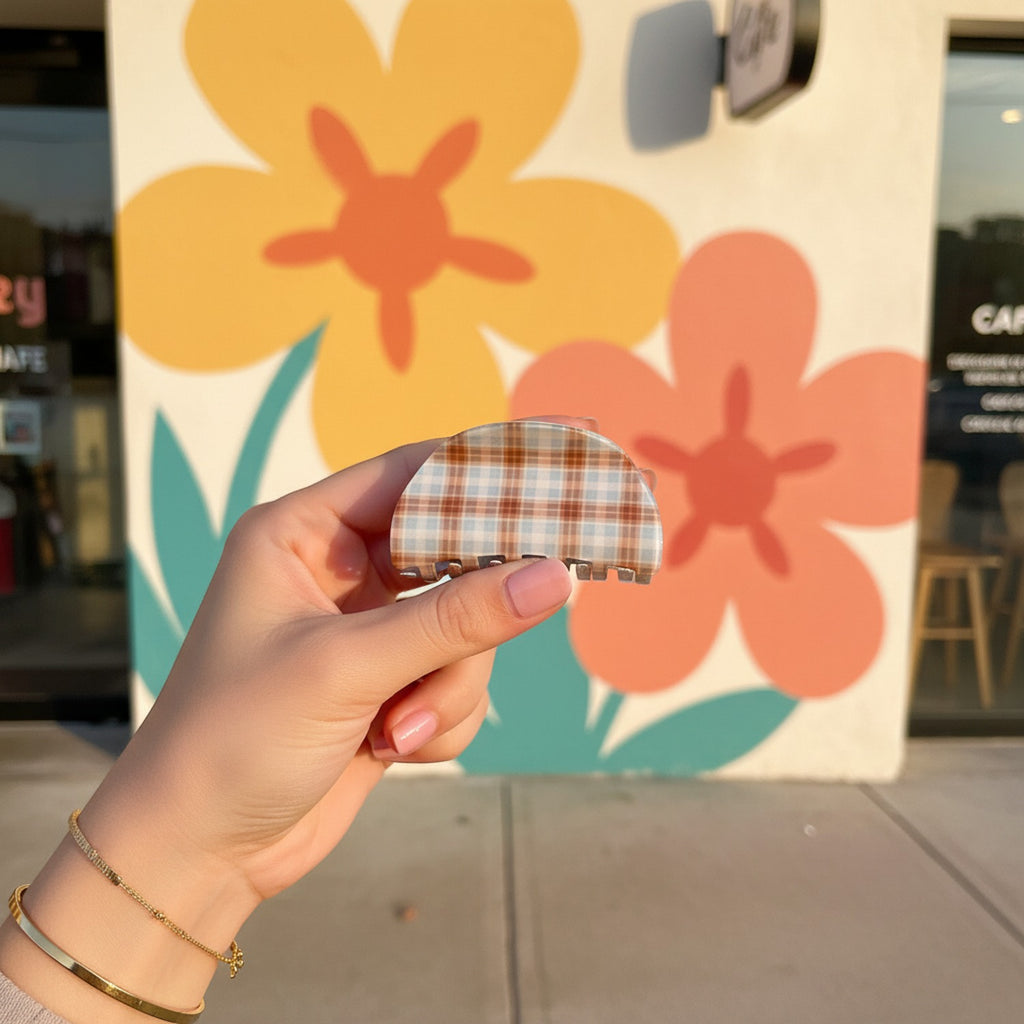 Plaid Hair Claw Clip - Brown & Blue