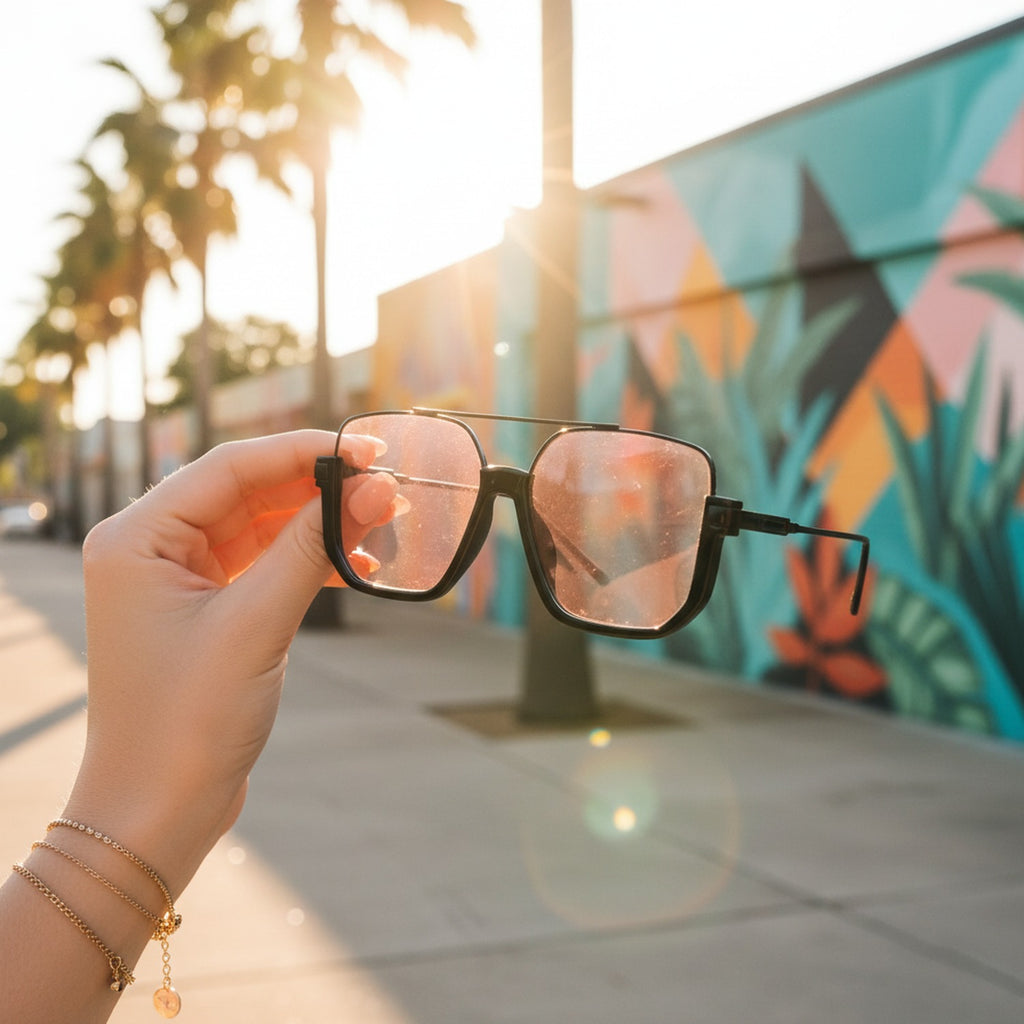 Square Black Sunglasses with Peach Tint Lenses