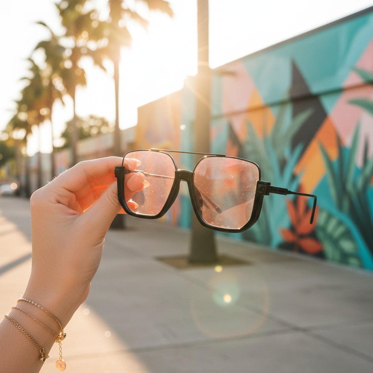 Square Black Sunglasses with Peach Tint Lenses