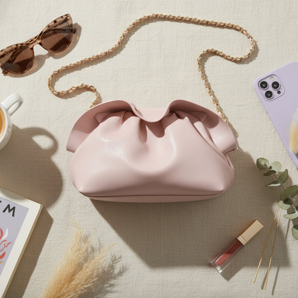 Pink Ruched Bucket Hat With Gold Chain Straps