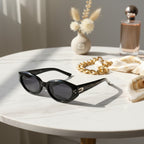 Black Oval Retro Sunglasses With Metal Accent