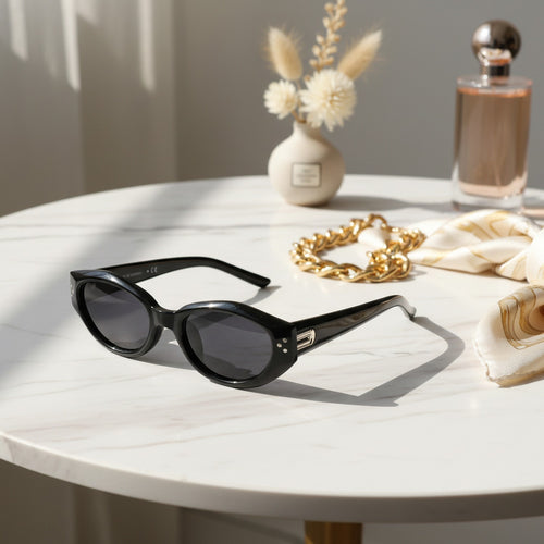 Black Oval Retro Sunglasses With Metal Accent