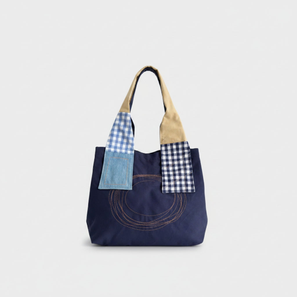 Navy Patchwork Tote Bag With Embroidered Detail