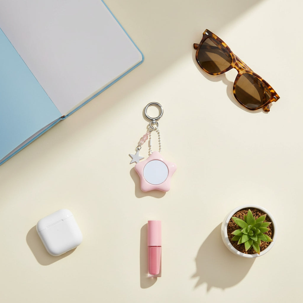 Star Pink Acrylic Keyring With Mirror Charm