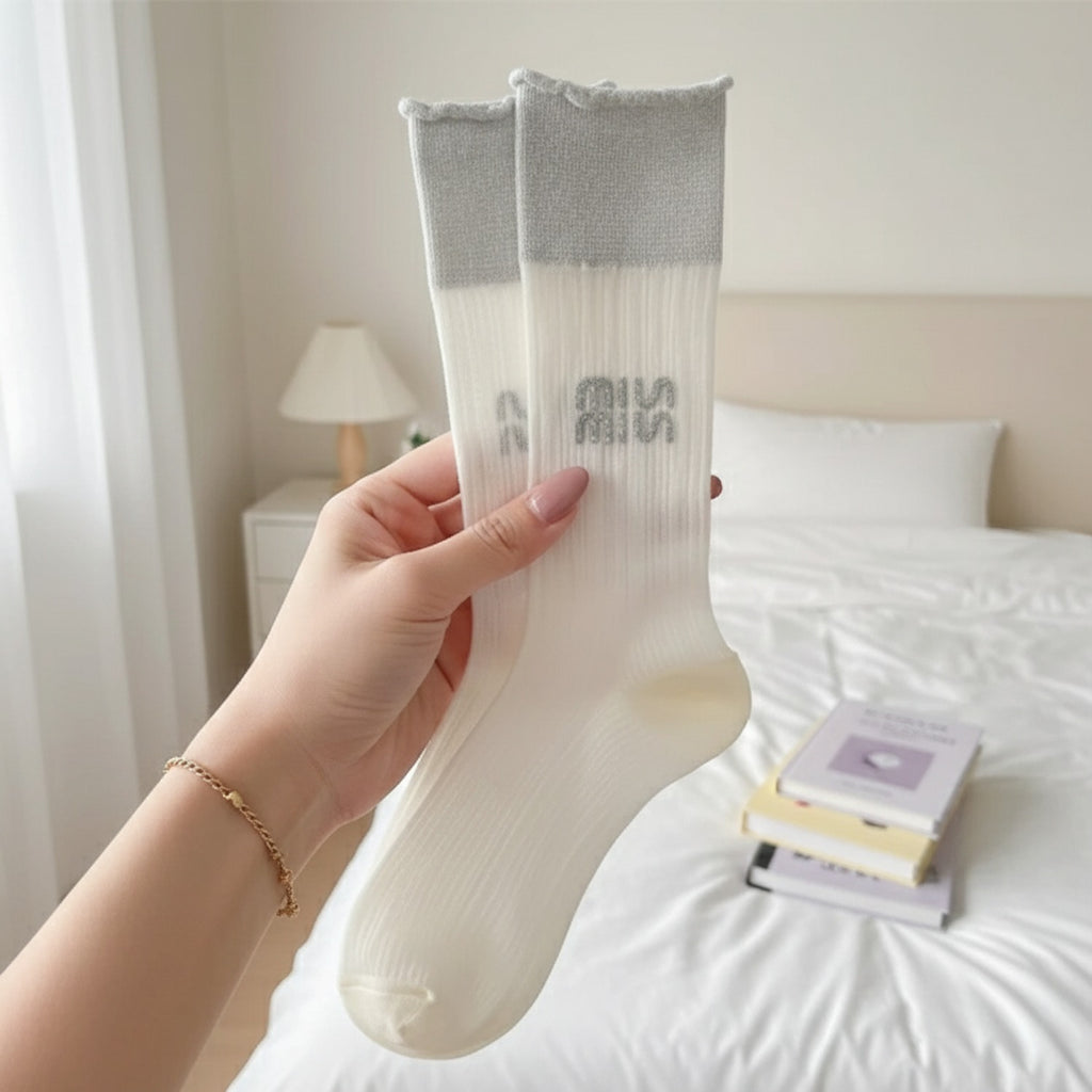 Cream Ribbed Crew Socks With Gray Cuff