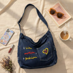 Denim Shoulder Tote with Embroidered Heart Design