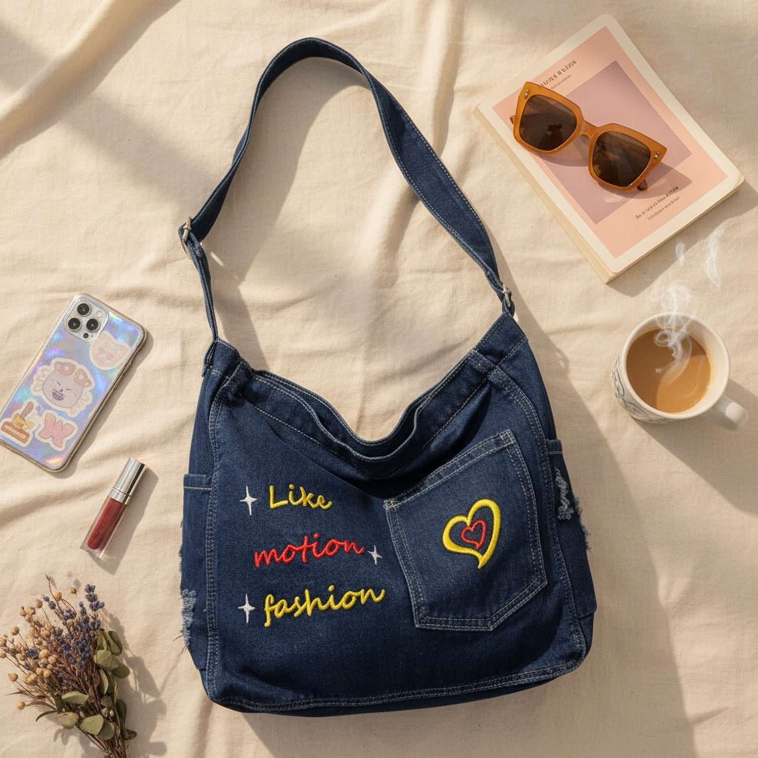 Denim Shoulder Tote with Embroidered Heart Design
