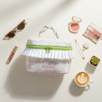 Plaid Cosmetic Bag With White Ruffle Trim