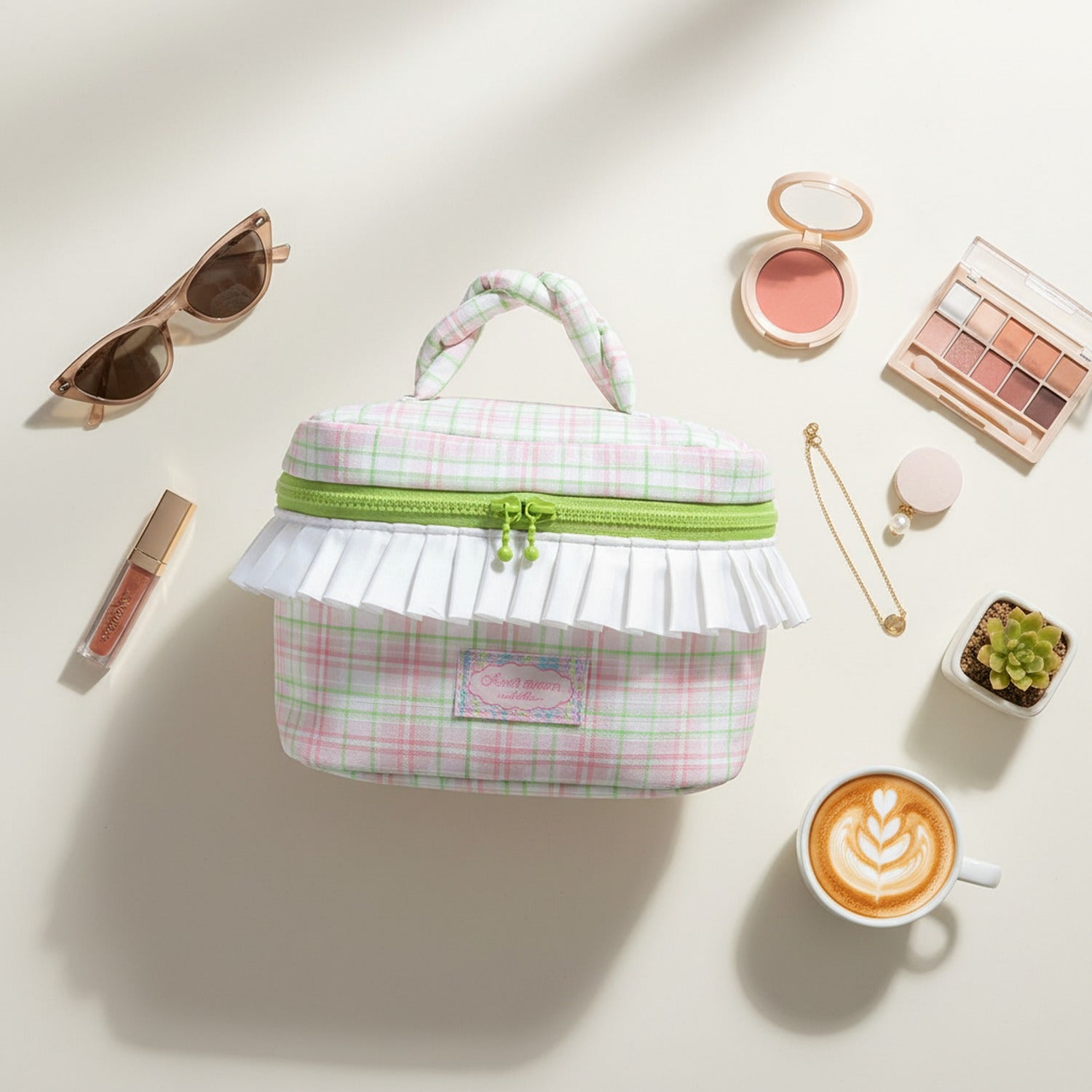 Plaid Cosmetic Bag With White Ruffle Trim