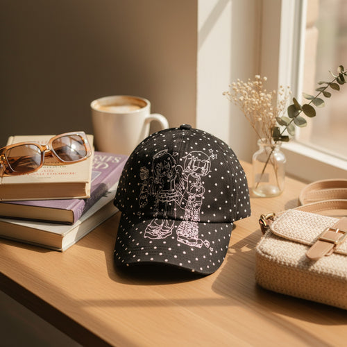 Black Polka Dot Baseball Cap with Anime Girl Graphic