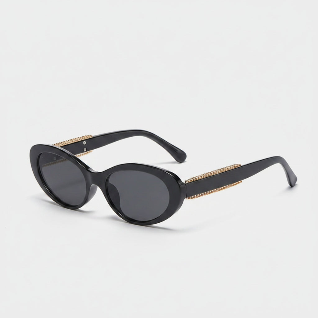 Black Oval Sunglasses With Gold Chain Arms