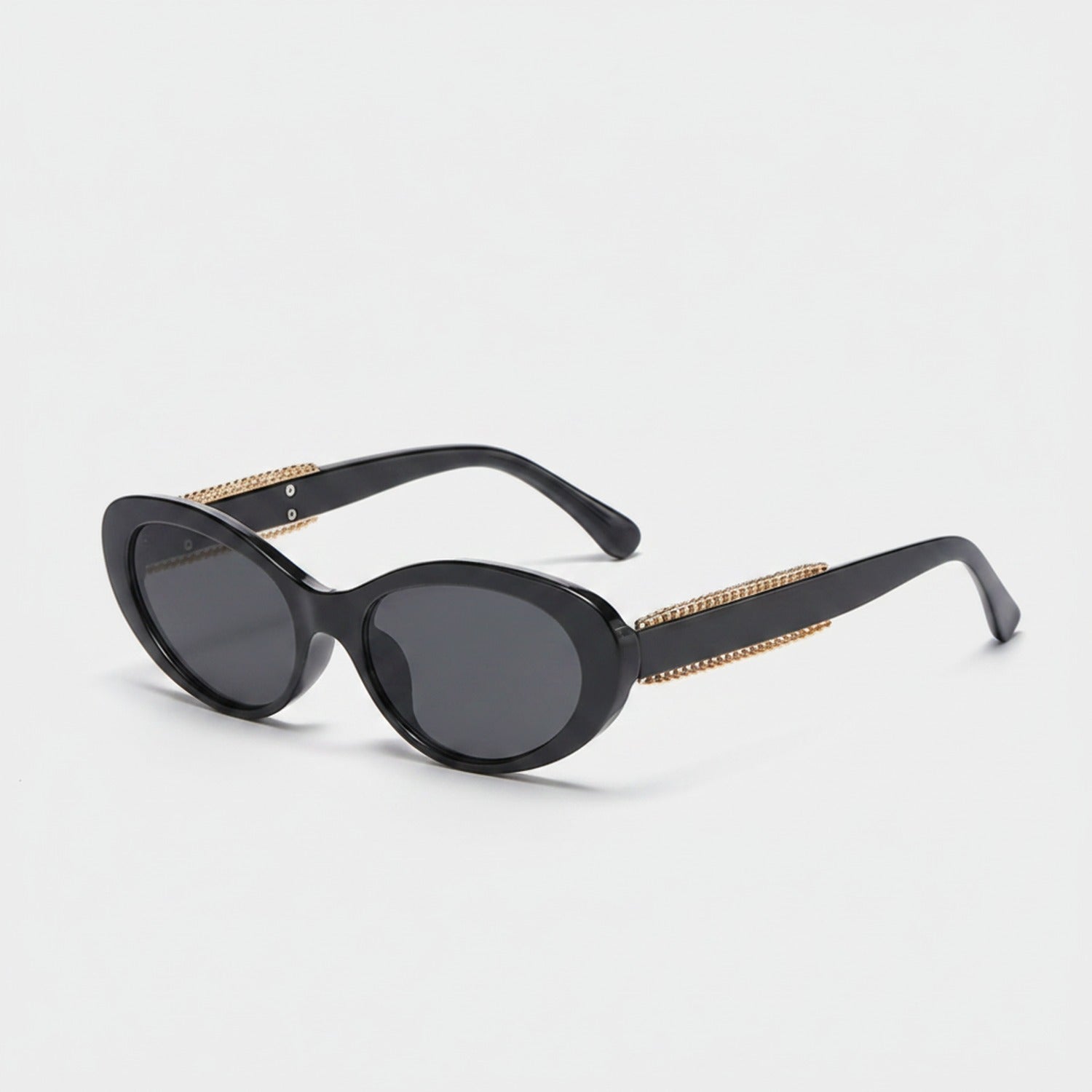 Black Oval Sunglasses With Gold Chain Arms