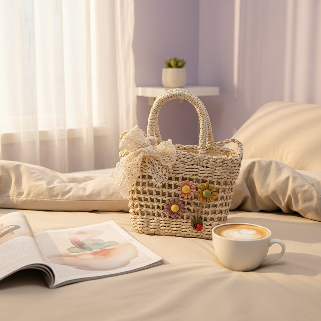 Woven Straw Basket Bag With Flower Charms