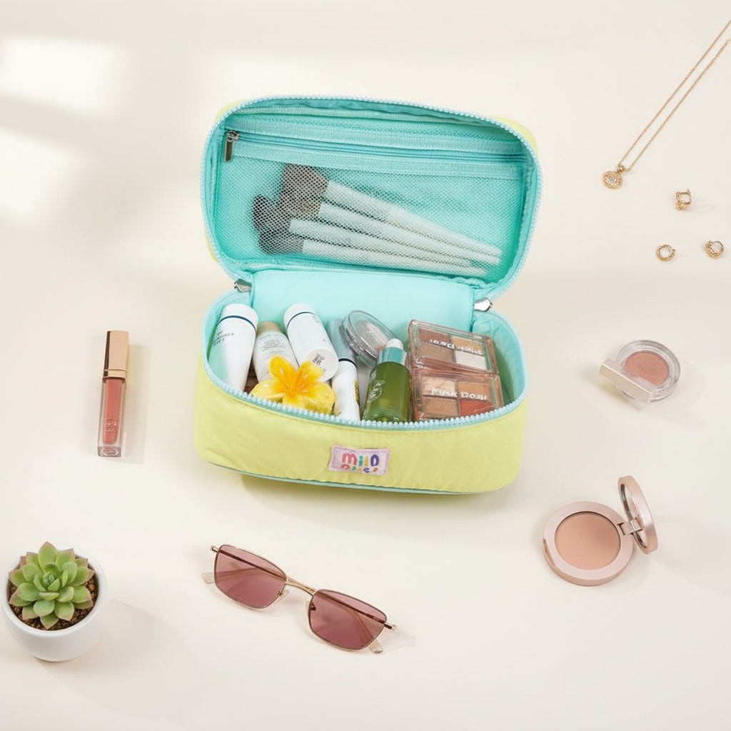 Pastel Blue & Pink Cosmetic Bag With Flower Charm