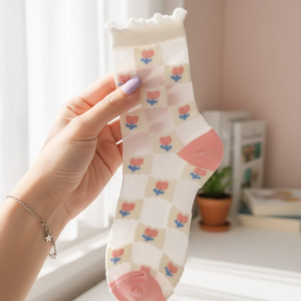 Cream Floral Tulip Crew Socks With Pink Heel