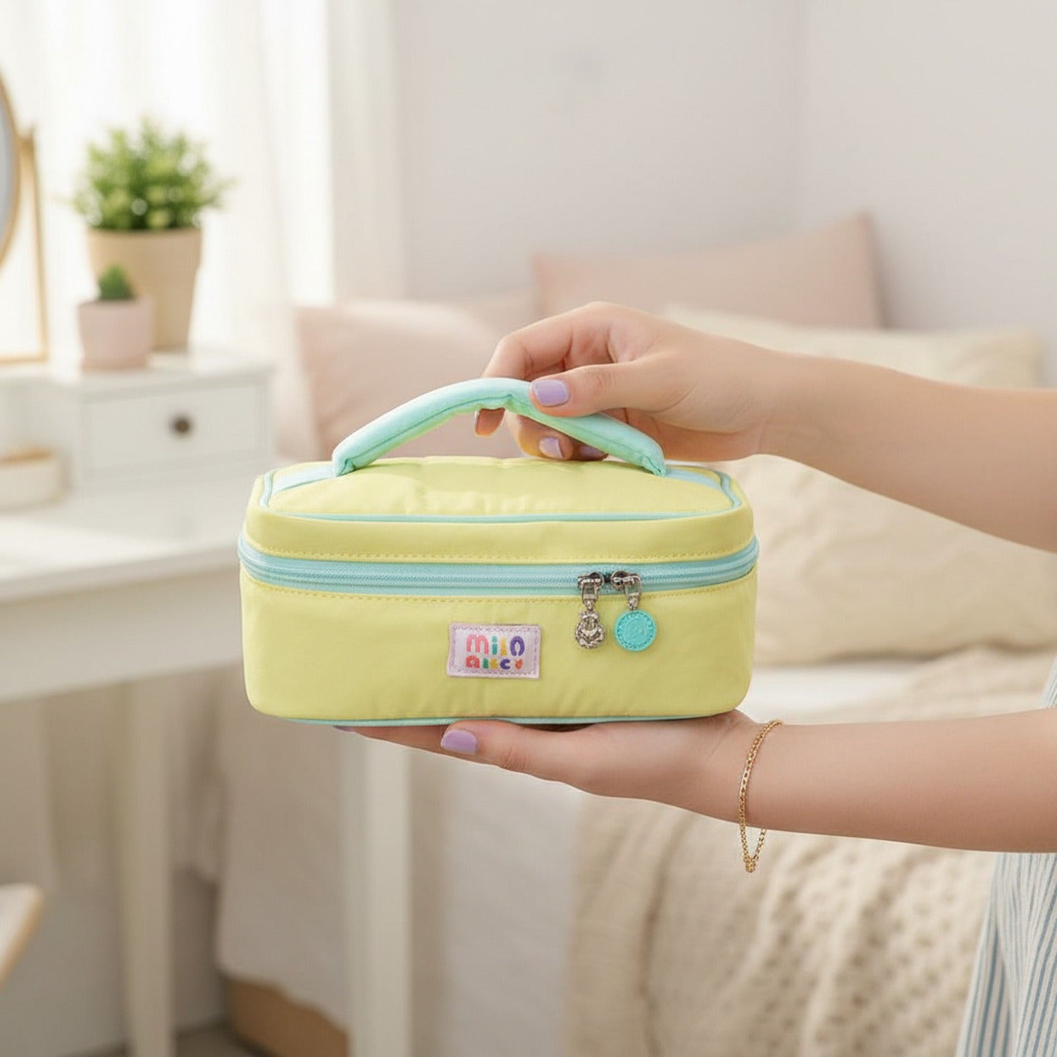 Pastel Blue & Pink Cosmetic Bag With Flower Charm