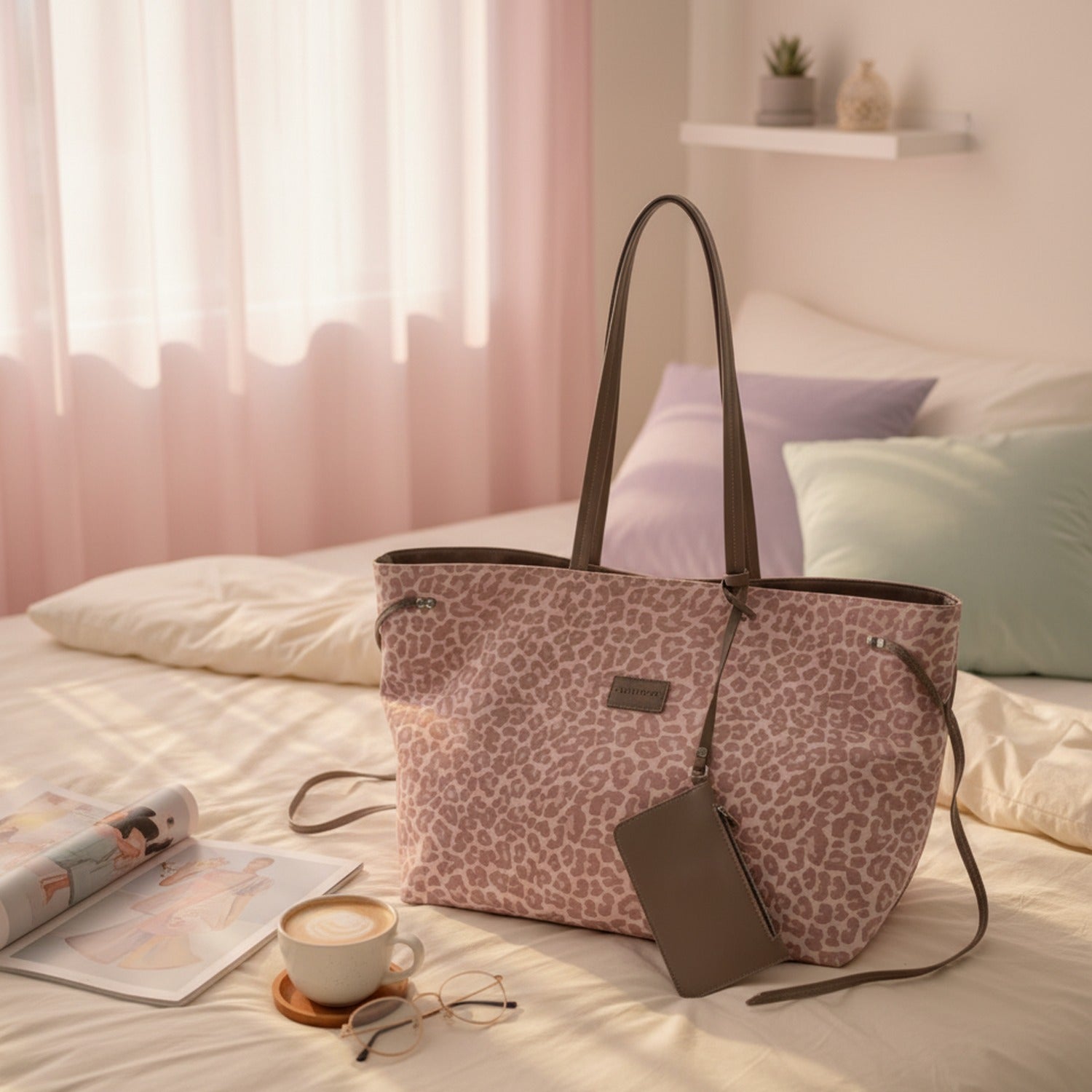 Pink Leopard Print Canvas Tote Bag With Pouch