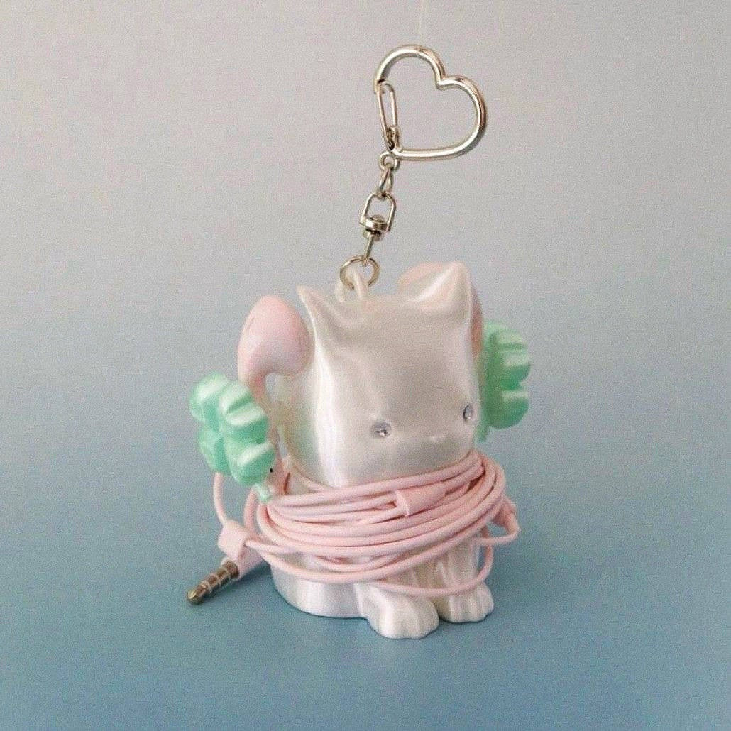 Cute Cat Earphone Holder 3D Printed Keychain Charm - White
