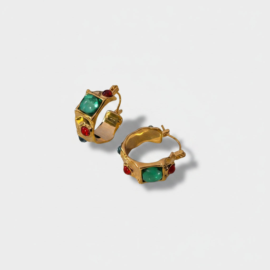 Emerald & Ruby Gold Chunky Hoops Gold With Green & Red