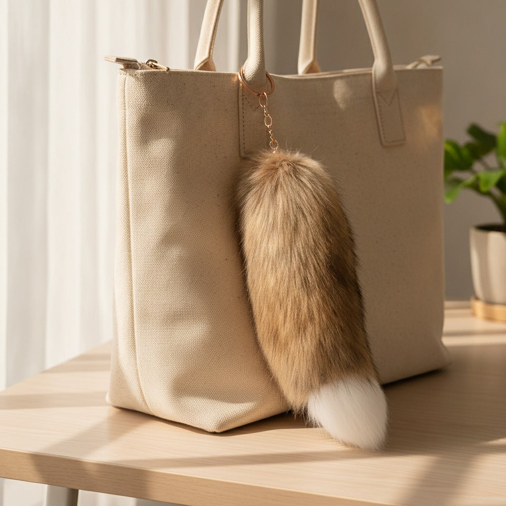 Fluffy Faux Fur Tail Keychain - Tan