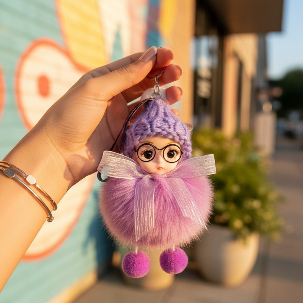 Pink Fuzzy Doll Keyring With Glasses Charm