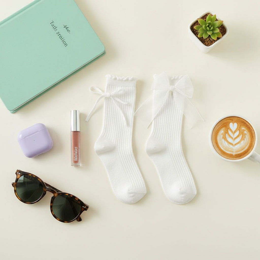 White Bow Knit Crew Socks