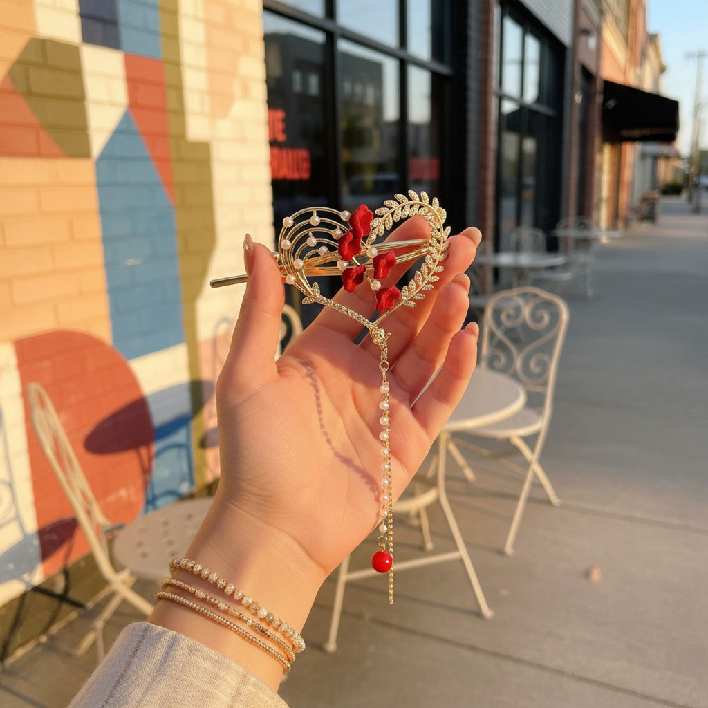 Red Flower Heart Hair Claw With Pearl Chain