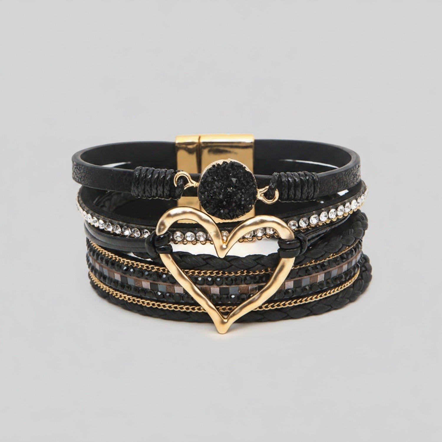 Pink Leather Heart Rhinestone Multi-Strand Bracelet