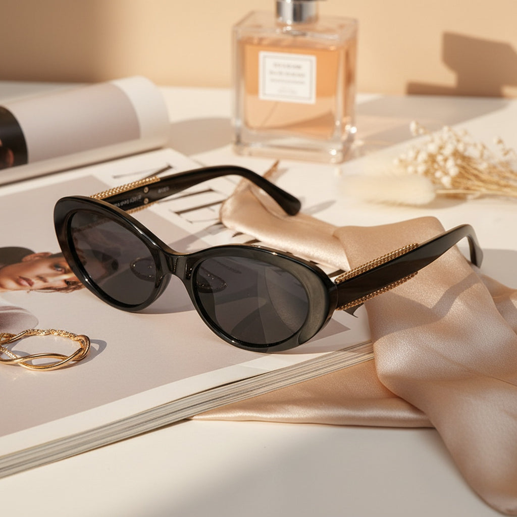 Black Oval Sunglasses With Gold Chain Arms