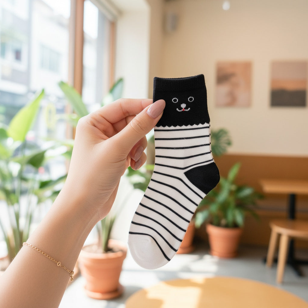 Black And White Striped Smiley Face Socks