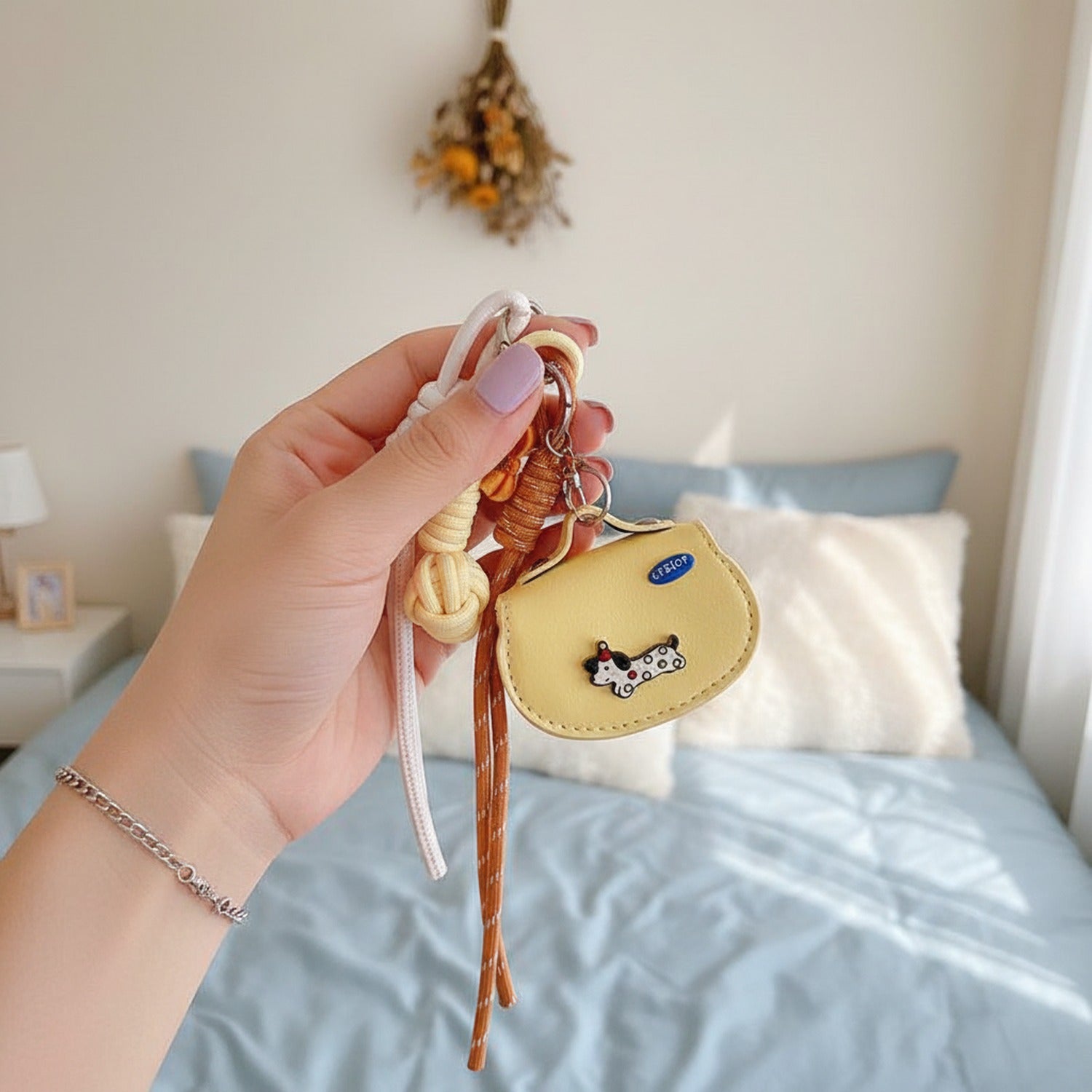 Pastel Yellow Cow Charm Keyring With Ribbon Bow