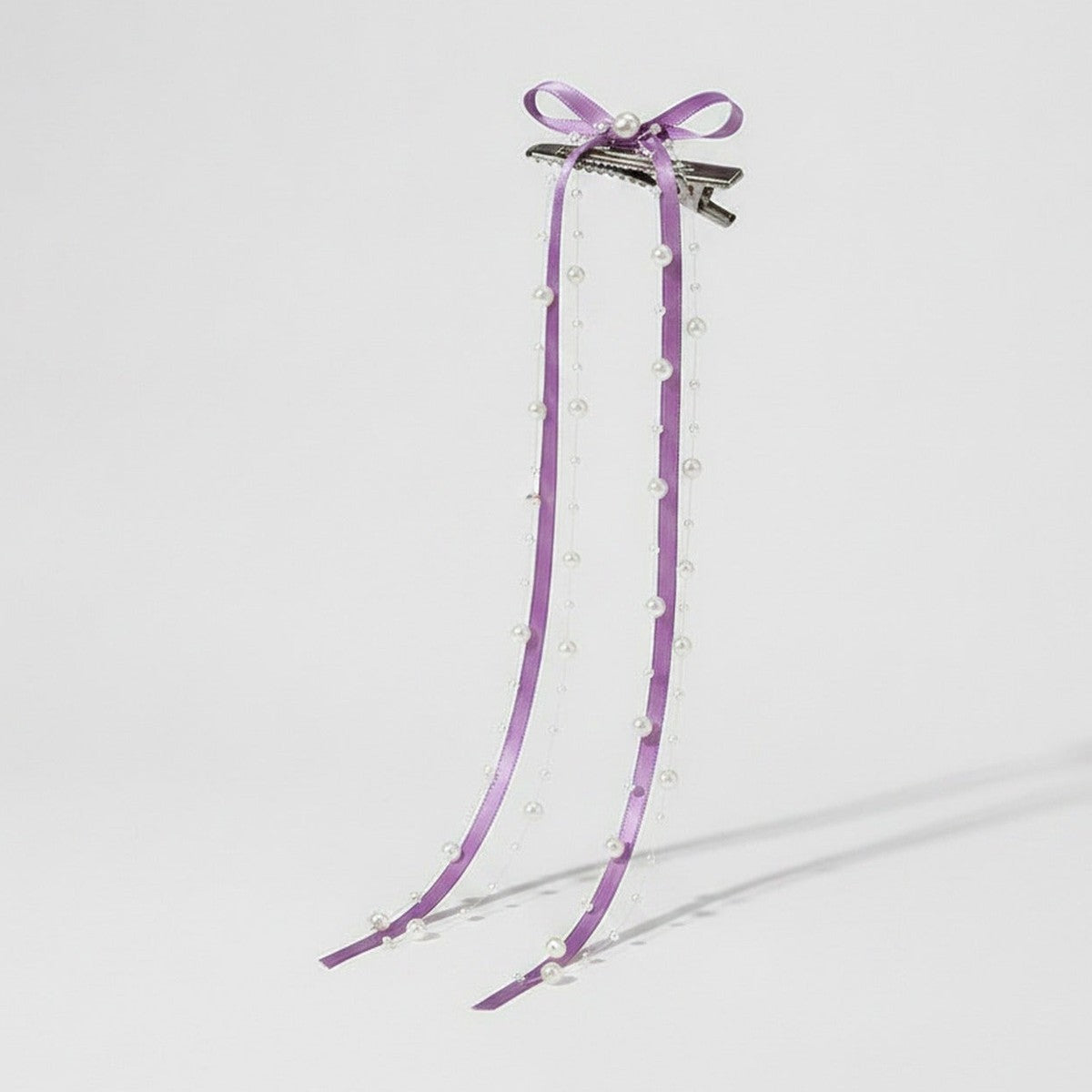 Purple Ribbon Hair Bow Clips With Pearl Beads – hair accessories (view 1)