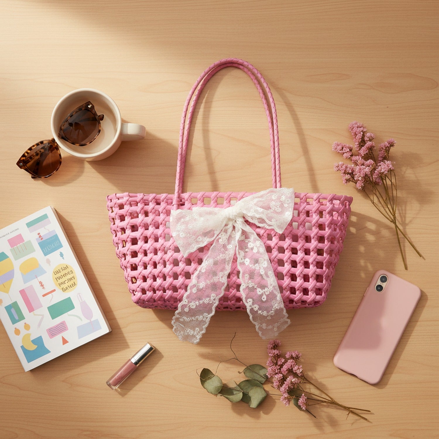Pink Woven Basket Tote With Lace Bow