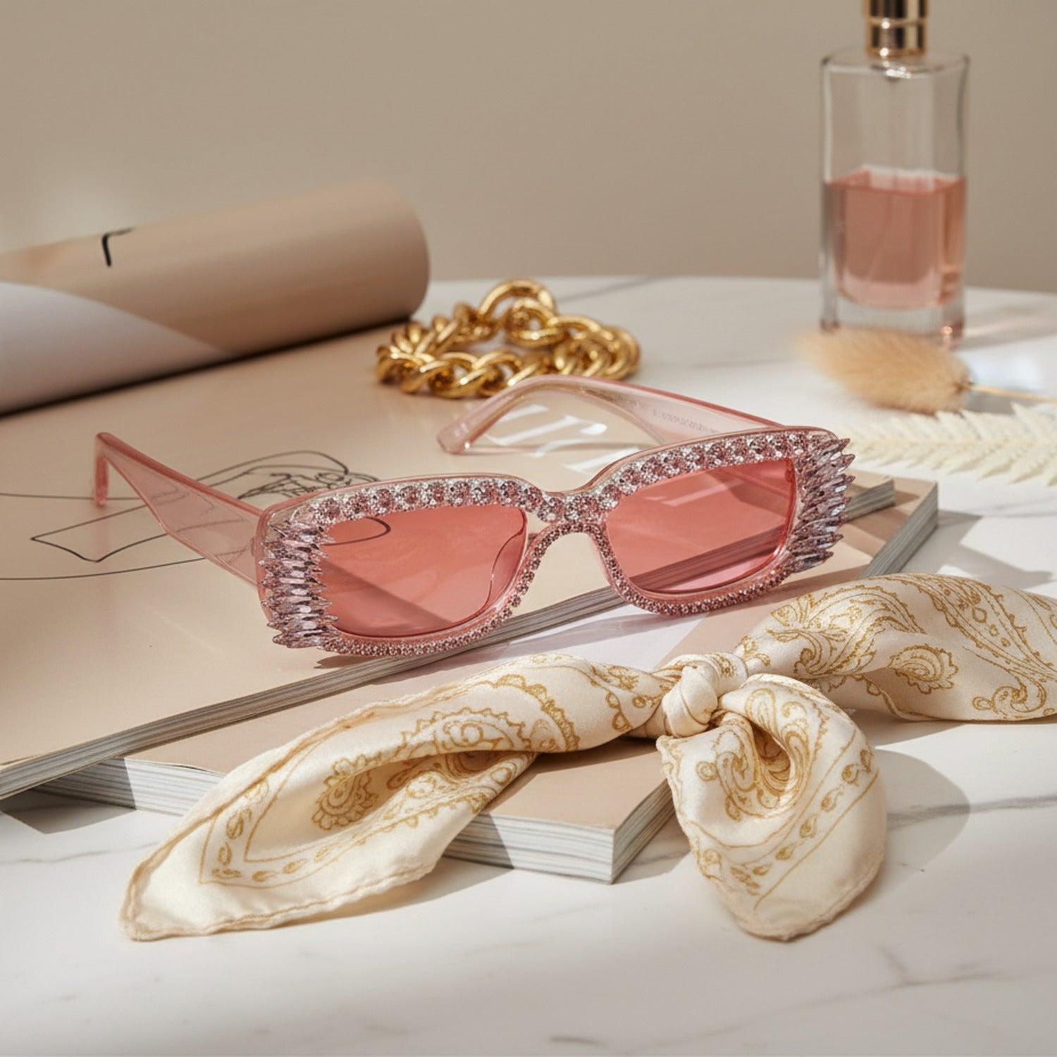 Pink Rhinestone Winged Oval Sunglasses